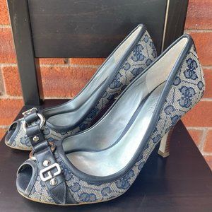 Guess by Marciano Blue Buckle Peep Open Toe Monogram Heels